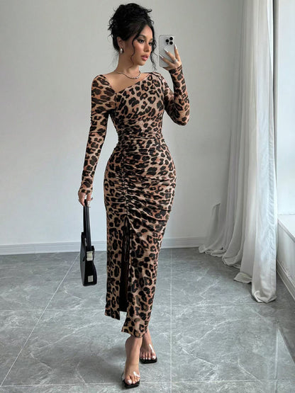 Long Sleeve Asymmetrical Neck Leopard Print High Waist Midi Dress