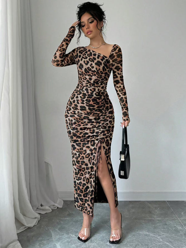 Long Sleeve Asymmetrical Neck Leopard Print High Waist Midi Dress