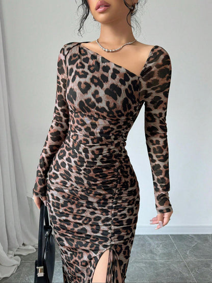 Long Sleeve Asymmetrical Neck Leopard Print High Waist Midi Dress