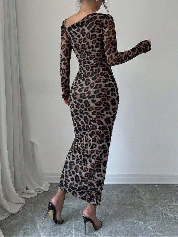 Long Sleeve Asymmetrical Neck Leopard Print High Waist Midi Dress