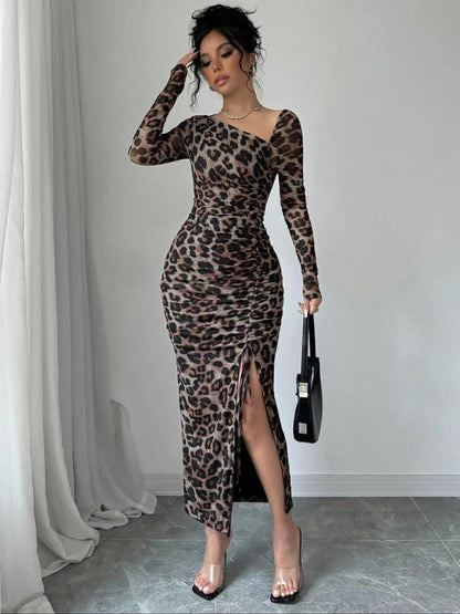 Long Sleeve Asymmetrical Neck Leopard Print High Waist Midi Dress