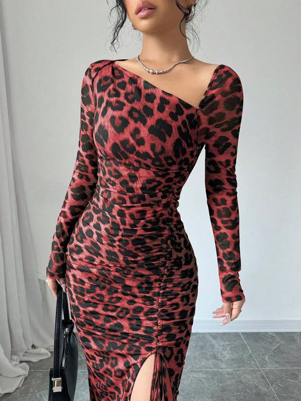 Long Sleeve Asymmetrical Neck Leopard Print High Waist Midi Dress