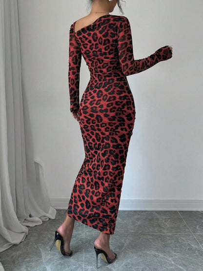 Long Sleeve Asymmetrical Neck Leopard Print High Waist Midi Dress