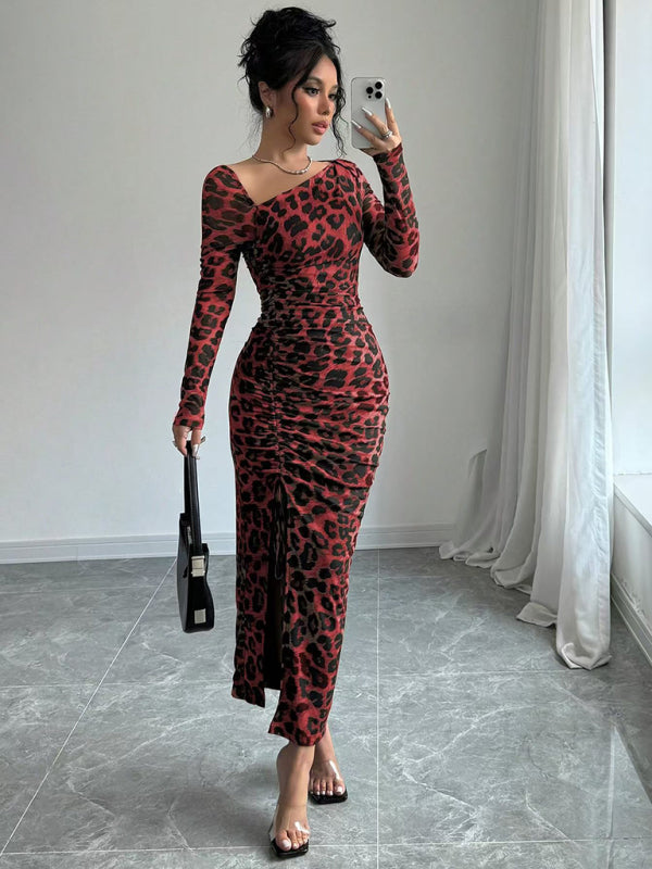 Long Sleeve Asymmetrical Neck Leopard Print High Waist Midi Dress