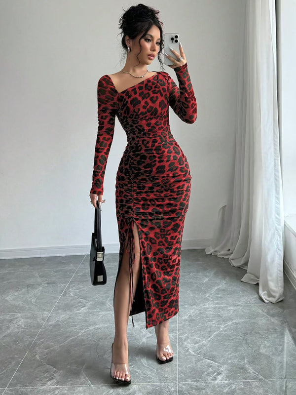 Long Sleeve Asymmetrical Neck Leopard Print High Waist Midi Dress