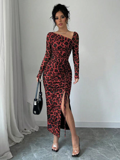 Long Sleeve Asymmetrical Neck Leopard Print High Waist Midi Dress