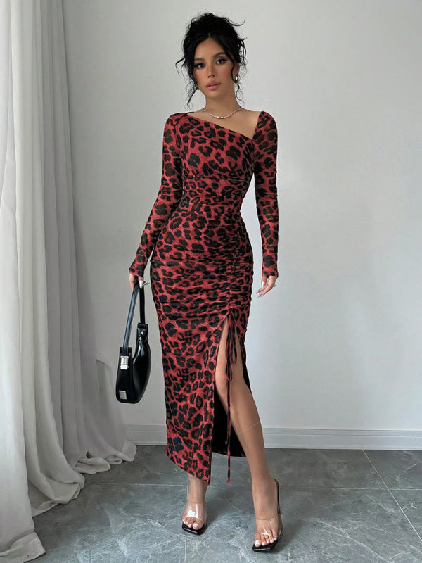 Long Sleeve Asymmetrical Neck Leopard Print High Waist Midi Dress