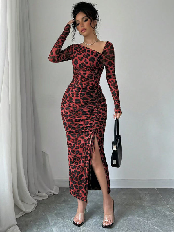 Long Sleeve Asymmetrical Neck Leopard Print High Waist Midi Dress