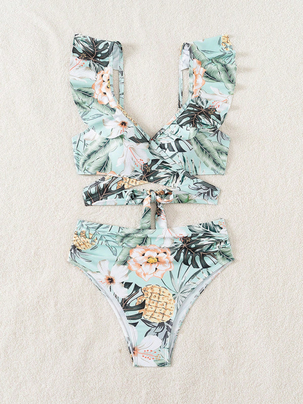 Lace Print Cross Tie Sexy Two-Piece Bikini Swimsuit