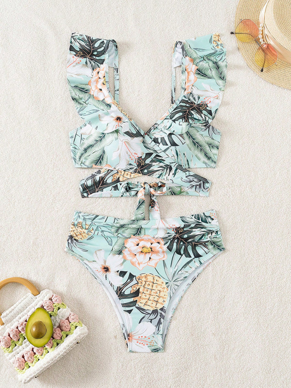 Lace Print Cross Tie Sexy Two-Piece Bikini Swimsuit