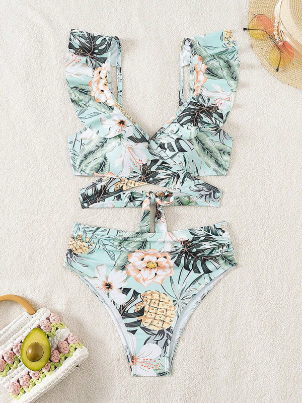 Lace Print Cross Tie Sexy Two-Piece Bikini Swimsuit