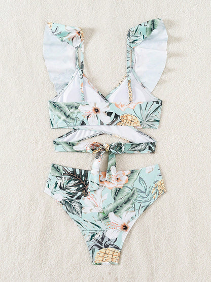 Lace Print Cross Tie Sexy Two-Piece Bikini Swimsuit