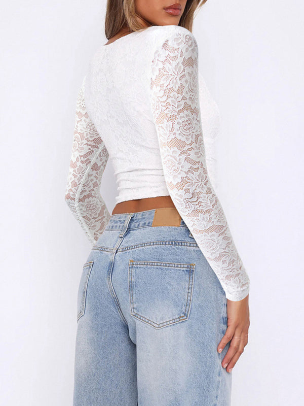 Y2K Sexy Deep V Hollow Sweet Spicy Style Lace Pullover Top