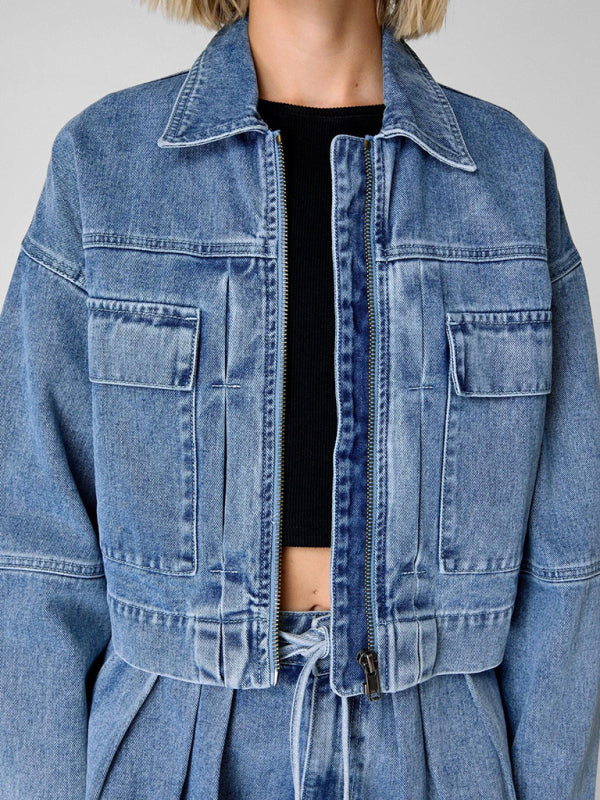 Loose Casual Multi-pocket Zipper Jacket & Denim Shorts Set