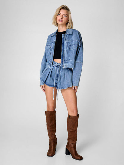 Loose Casual Multi-pocket Zipper Jacket & Denim Shorts Set