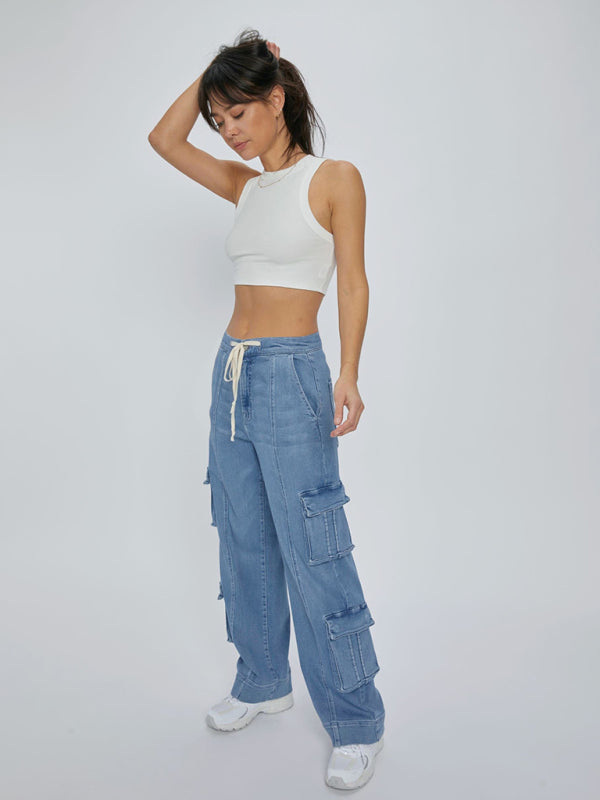 Street Wash Cargo Multi-Pocket Wide-Leg Lace-Up Jeans