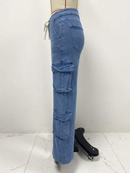 Street Wash Cargo Multi-Pocket Wide-Leg Lace-Up Jeans