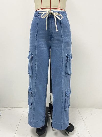 Street Wash Cargo Multi-Pocket Wide-Leg Lace-Up Jeans