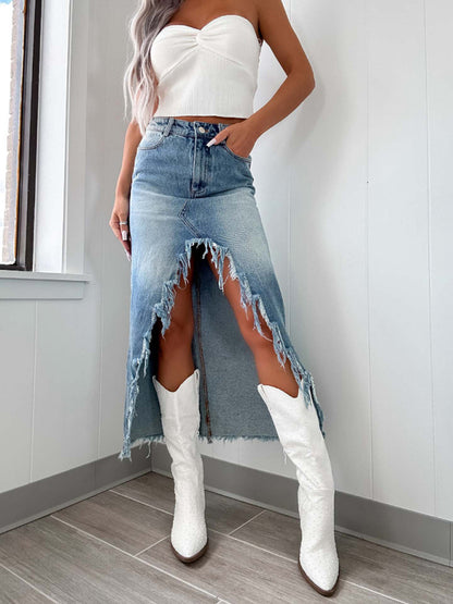 Washed High Waist Irregular Raw Edge Denim Skirt