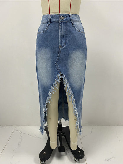 Washed High Waist Irregular Raw Edge Denim Skirt