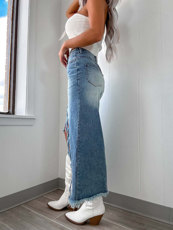 Washed High Waist Irregular Raw Edge Denim Skirt