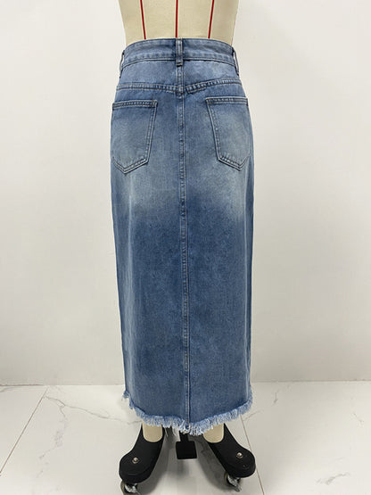 Washed High Waist Irregular Raw Edge Denim Skirt