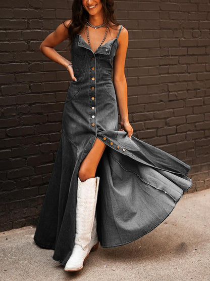 Retro Cotton Denim Washed Distressed Slim Fit Buttoned Long Swing Dress