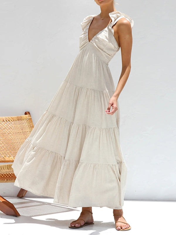 V-neck Sleeveless Solid Color Halter Maxi Dress