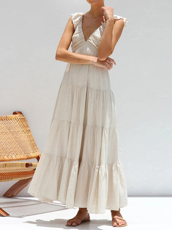 V-neck Sleeveless Solid Color Halter Maxi Dress