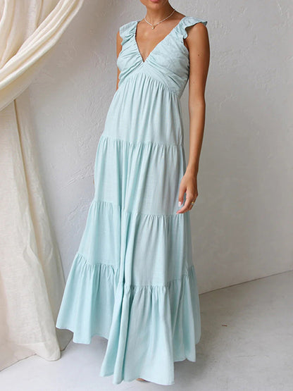 V-neck Sleeveless Solid Color Halter Maxi Dress