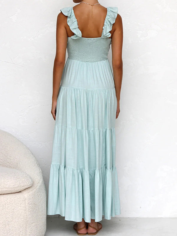 V-neck Sleeveless Solid Color Halter Maxi Dress