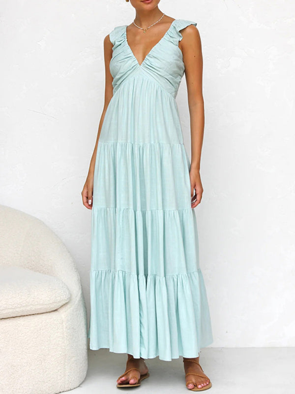 V-neck Sleeveless Solid Color Halter Maxi Dress