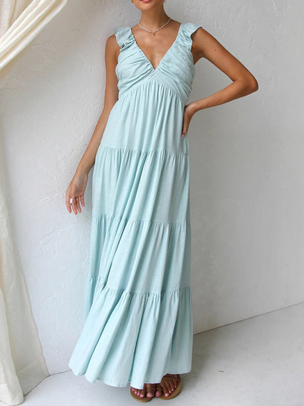 V-neck Sleeveless Solid Color Halter Maxi Dress