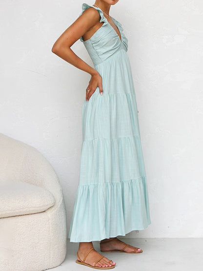 V-neck Sleeveless Solid Color Halter Maxi Dress