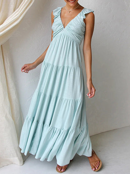 V-neck Sleeveless Solid Color Halter Maxi Dress