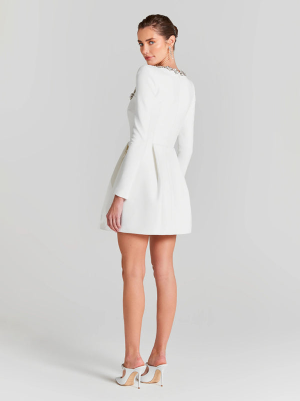 French Square Neck Diamond Long Sleeve Mini Dress