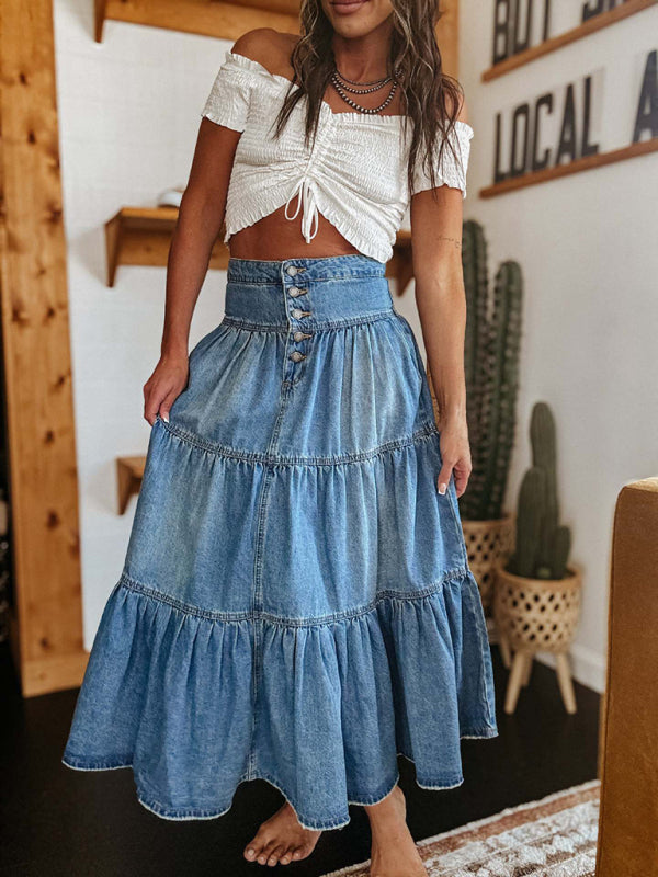 Bohemian A-line Layered Cake Denim Skirt