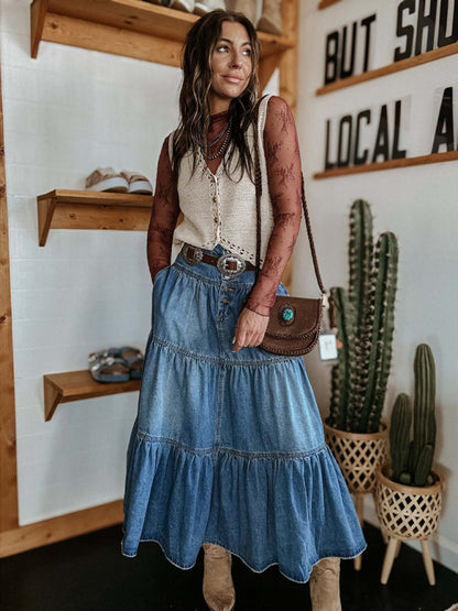 Bohemian A-line Layered Cake Denim Skirt