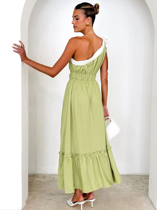 One-shoulder Casual Lace-up Pale Green Maxi Dress