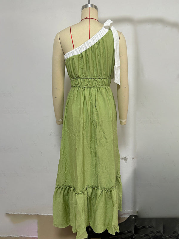 One-shoulder Casual Lace-up Pale Green Maxi Dress