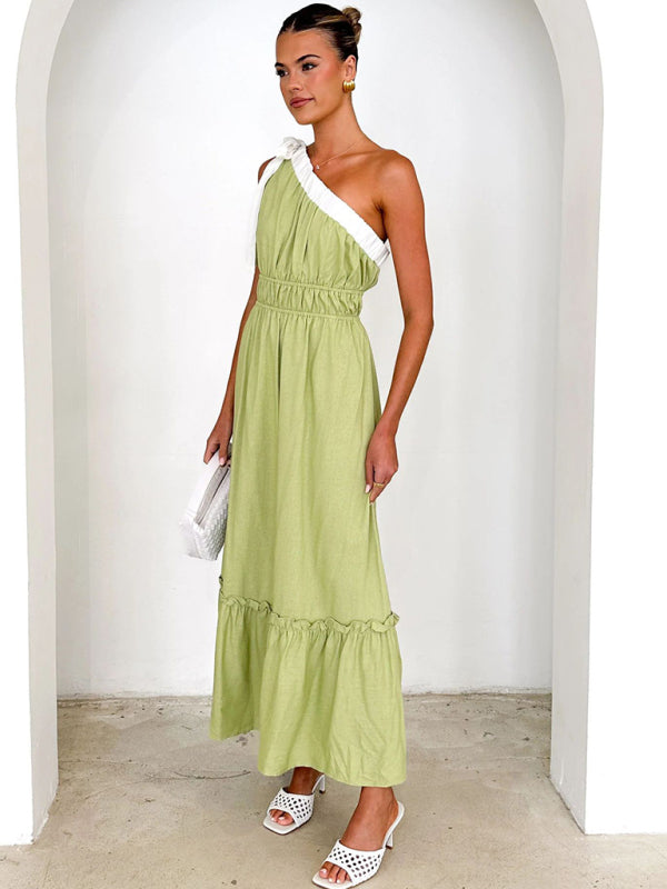 One-shoulder Casual Lace-up Pale Green Maxi Dress