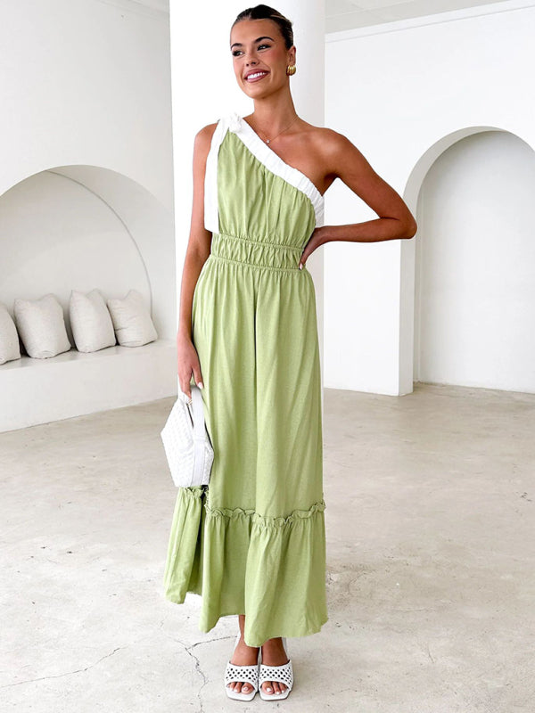 One-shoulder Casual Lace-up Pale Green Maxi Dress