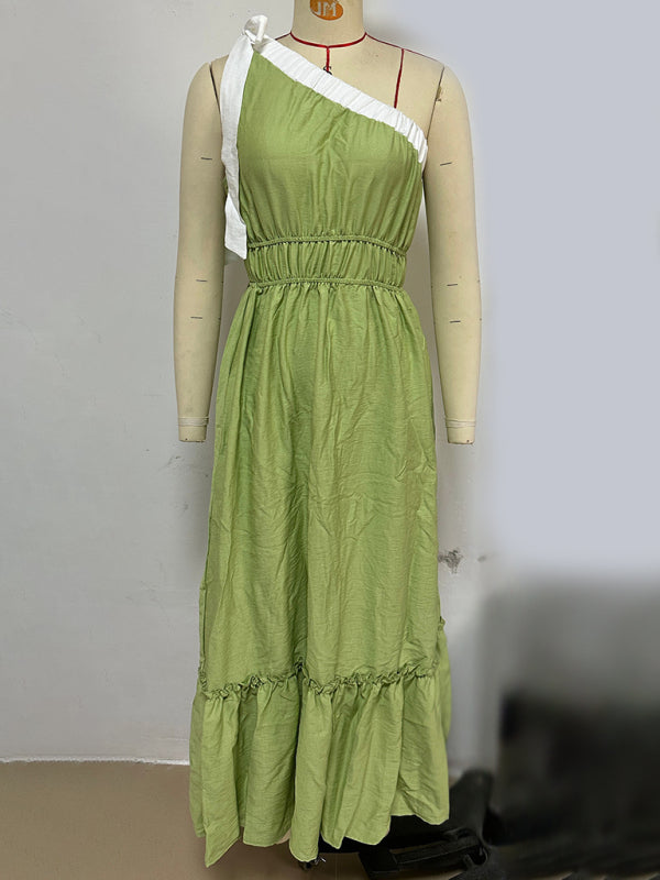 One-shoulder Casual Lace-up Pale Green Maxi Dress