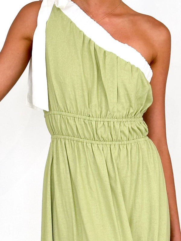 One-shoulder Casual Lace-up Pale Green Maxi Dress