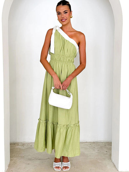 One-shoulder Casual Lace-up Pale Green Maxi Dress