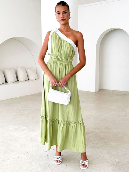 One-shoulder Casual Lace-up Pale Green Maxi Dress