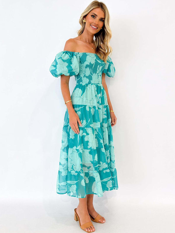 Off-shoulder Chiffon Puff Sleeve Layered Waist Printed Midi Dress