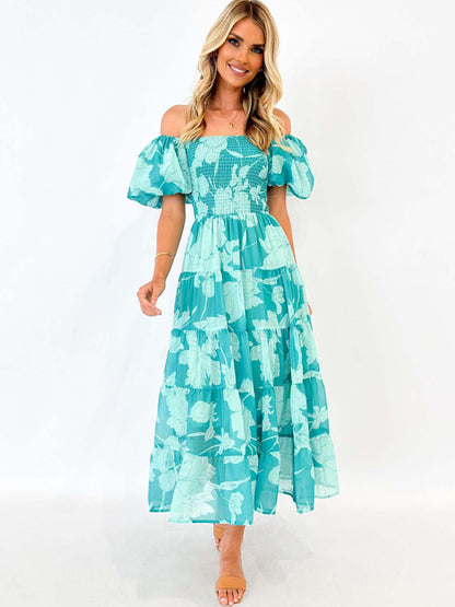 Off-shoulder Chiffon Puff Sleeve Layered Waist Printed Midi Dress