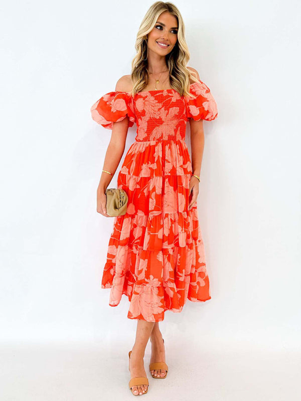 Off-shoulder Chiffon Puff Sleeve Layered Waist Printed Midi Dress