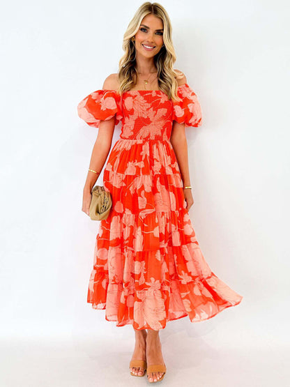 Off-shoulder Chiffon Puff Sleeve Layered Waist Printed Midi Dress